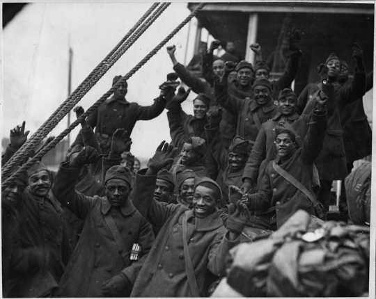 Black soldiers of the 369th infantry return from World War I. U.S. National archives