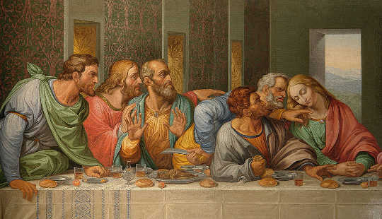 Detail Da Vinci’s The Last Supper by Giacomo Raffaelli. Judas seated second right. Alberto Fernandez Fernandez [GFDL (http://www.gnu.org/copyleft/fdl.html), CC BY 2.5 via Wikimedia Commons, CC BY