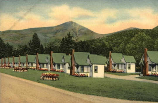 A postcard depicts The English Village East in New Hampshire. Card Cow