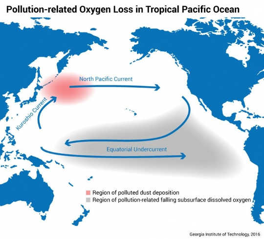 A map showing how air pollution depositing iron in the northern Pacific Ocean can travel thousands of miles away. (Credit: Georgia Tech)
