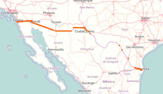 The existing US-Mexico border wall runs for 1,000km. OpenStreetMap