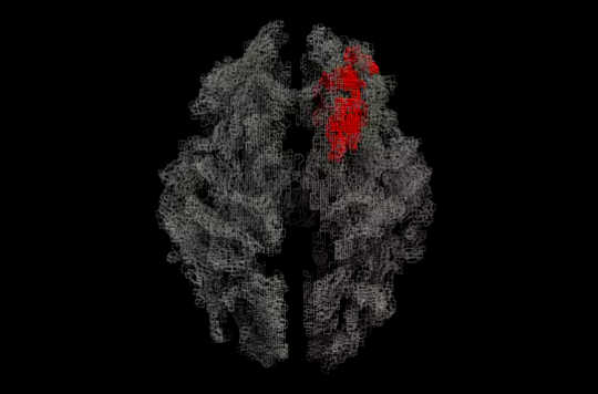 White matter map of the brain (ray traced rendering), with the area correlated with spontaneity in red.  (why some people are wired to be more spontaneous than others)