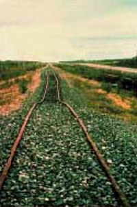 	Railroad tracks warped due to thawing of permafrost, near Gillam, Manitoba (Erik Nielson, Manitoba Geological Survey)