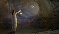 a young woman holding a lantern in a dark wormhole-like cave