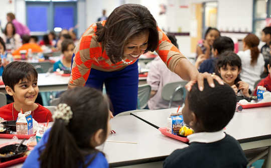 First Lady Michelle Obama has lunch with students at Parklawn Elementary School in Alexandria, Va., Jan. 25, 2012. 