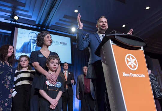 Ryan Meili speaks after being elected NDP leader in March 2018.