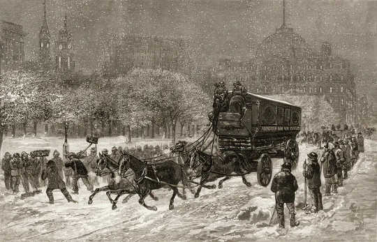 A wood engraving depicts a U.S. Mail wagon pulled by horses along Broadway during a snowstorm, New York, New York, circa 1886. 