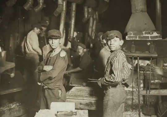 Midnight at the glassworks in Indiana, with children on the job. Child labour was among the practices outlawed by progressive governments in the early 1900s. 