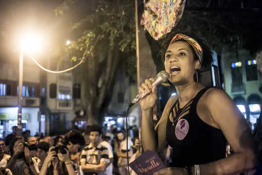 Councilwoman and sociologist Marielle Franco speaking in Rio de Janeiro in 2016. Her murder remains unsolved. 