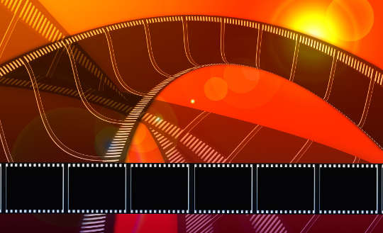 film strips with a red sky and bright yellow sun in the background