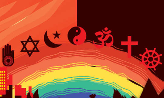 symbols of various religions overlaid on a rainbow and a cityscape