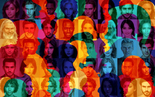 many faces, multicolored, juxtaposed