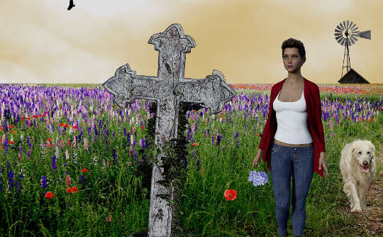 a woman at an old grave headstone with a windmill in the background