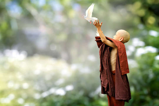 a young Buddhist boy releasing a dove into the sky