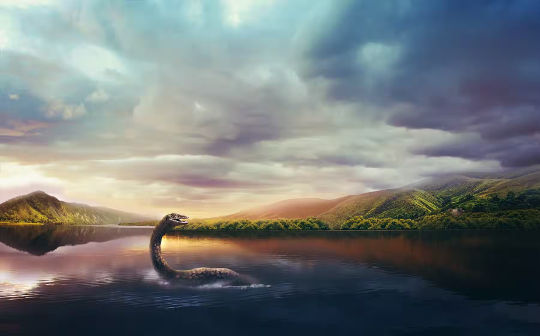 An artist’s concept of the Loch Ness monster at sunset.
