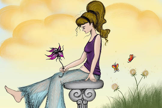 illustration of a young woman sitting outside holding a flower