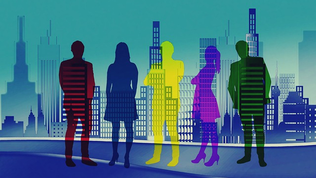 business people standing in front of a city skyscape