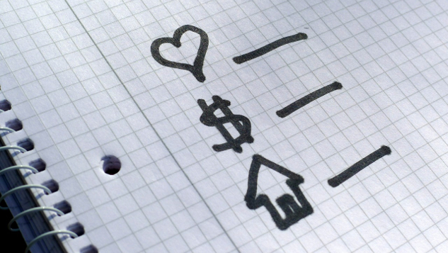 an open notebook with a checklist with 3 items: a heart, a dollar sign, and a house
