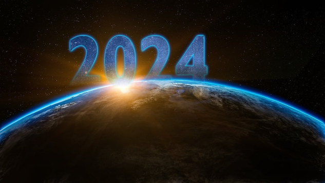 the number 2024 rising with the sun over the curvature of Planet Earth