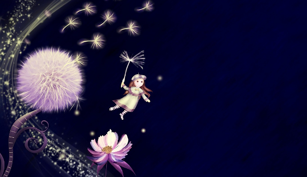 a dandelion gone to seed, with a fairy flying holding on to a dandelion seed