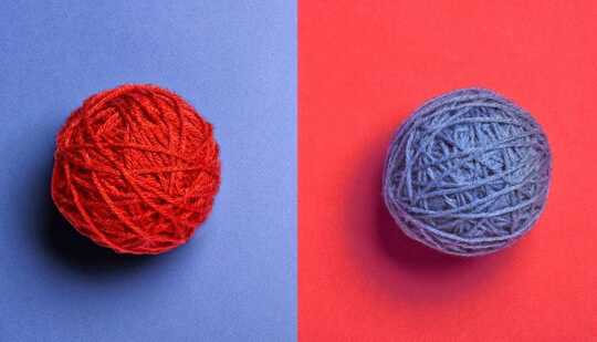 red ball of yarn on blue background and vice versa