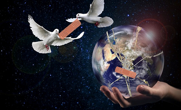 pássaros da paz (pombas) colocando band-aids em um planeta Terra danificado e rachado