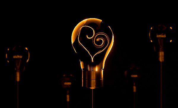 lightbulb wih the filaments inside in the shape of a heart
