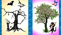 two pictures - one with a dead tree and other with a flourishing tree with butterflies