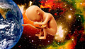 a picture of Planet Earth with a baby linked to it by an umbilical cord
