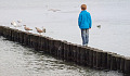 young boy standing on a breakwater