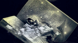 woman cocooned asleep inside a giant book